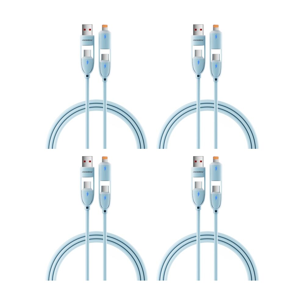 4PK Rockrose Hercules Quad-Core 60W Max Silicone 4-In-1 Fast Charging Cable 1m