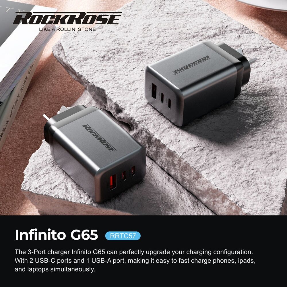 Rockrose Infinito G65 3-Port 65W GaN PD QC Fast Charging Power Adapter