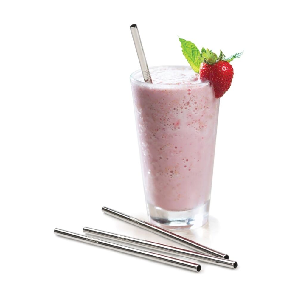 4pc R.S.V.P. Stainless Steel Reusable Smoothie Drink Straws Set Silver 22cm