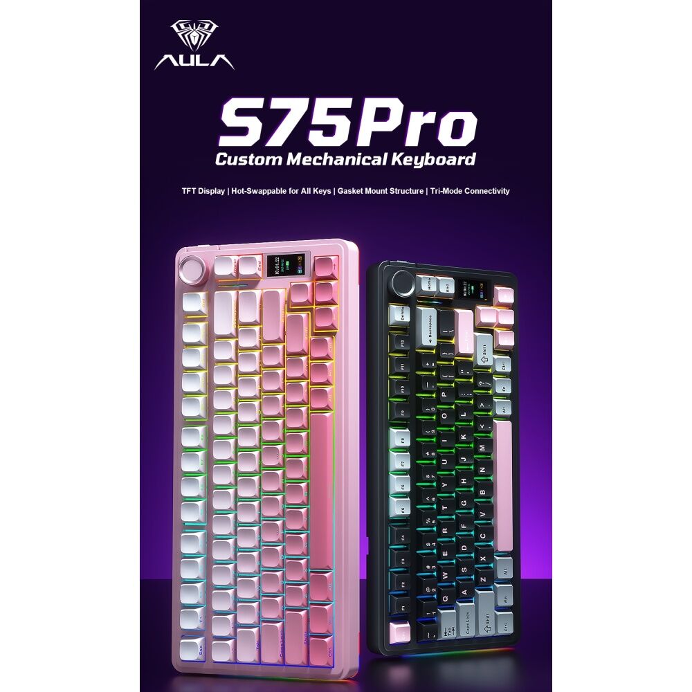 AULA S75 PRO Wireless Tri-Mode Gasket RGB Mechanical Keyboard Pink