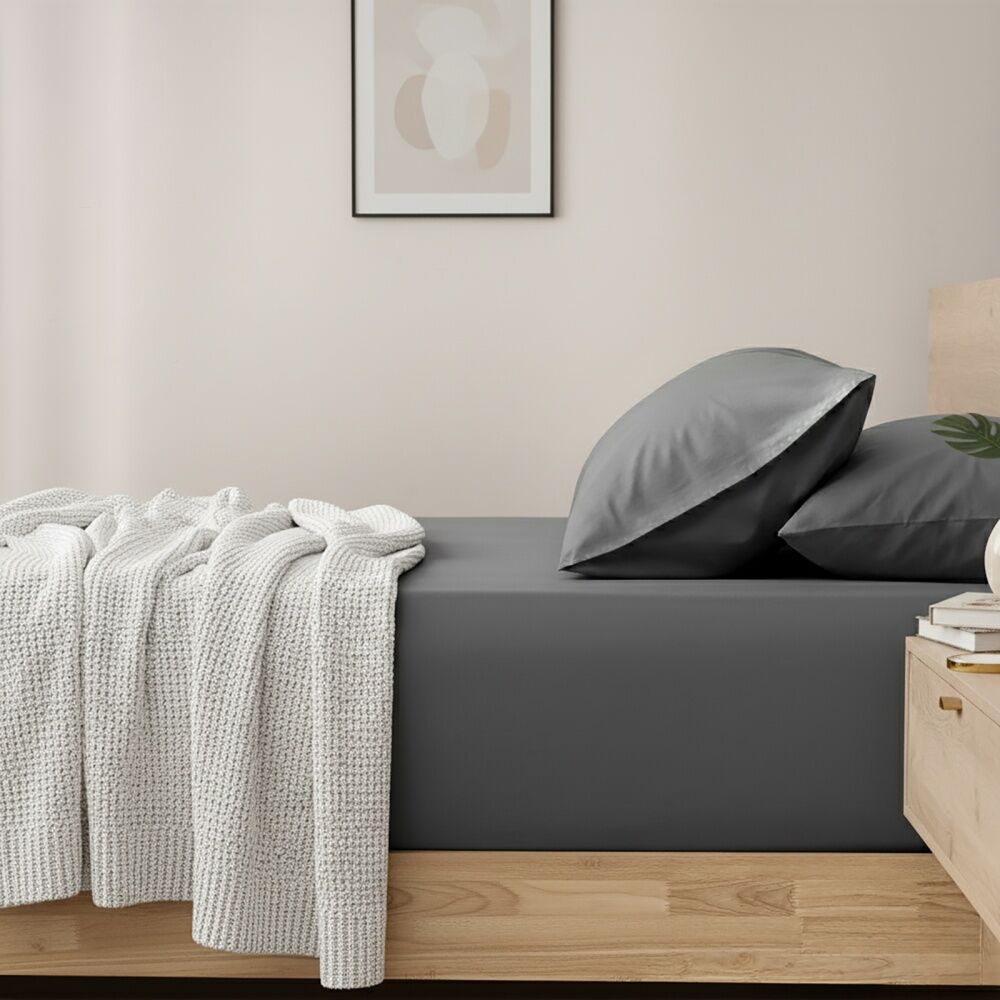 Renee Taylor 400TC Cotton Fitted Sheet & Pillowcase Set Charcoal Magnet Super King