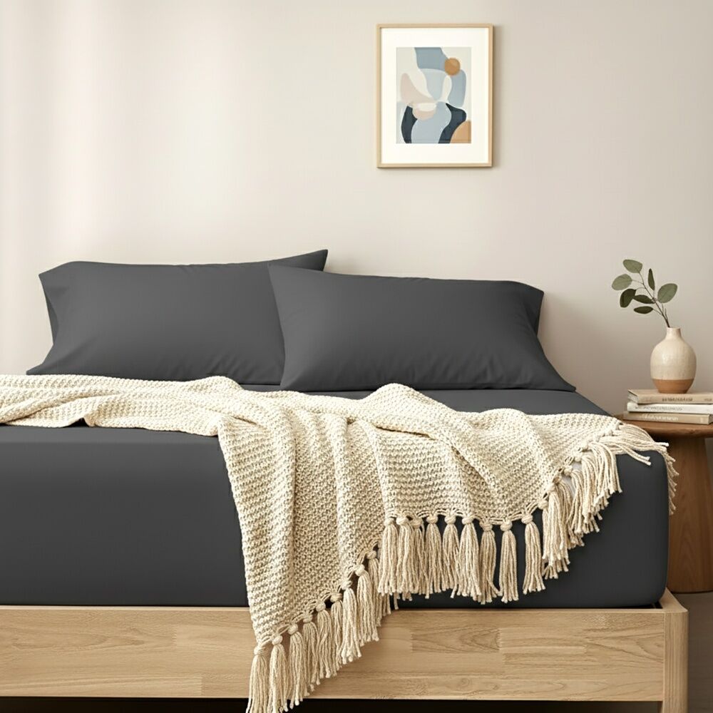 Renee Taylor 400TC Cotton Fitted Sheet & Pillowcase Set Charcoal Magnet Super King
