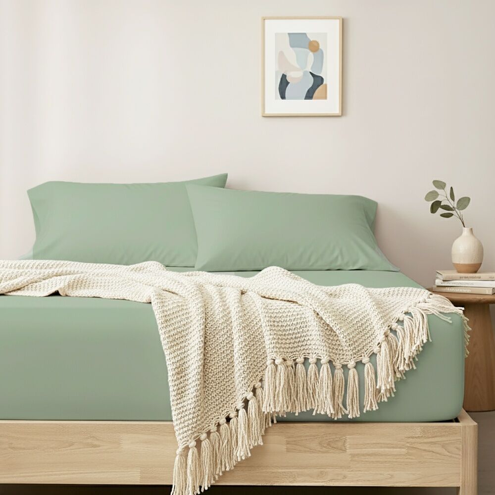 Renee Taylor 400TC Cotton Fitted Sheet & Pillowcase Set Basil Green Double