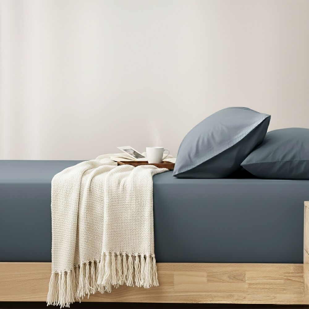 Renee Taylor 400TC Cotton Fitted Sheet & Pillowcase Set Steel Blue King Single