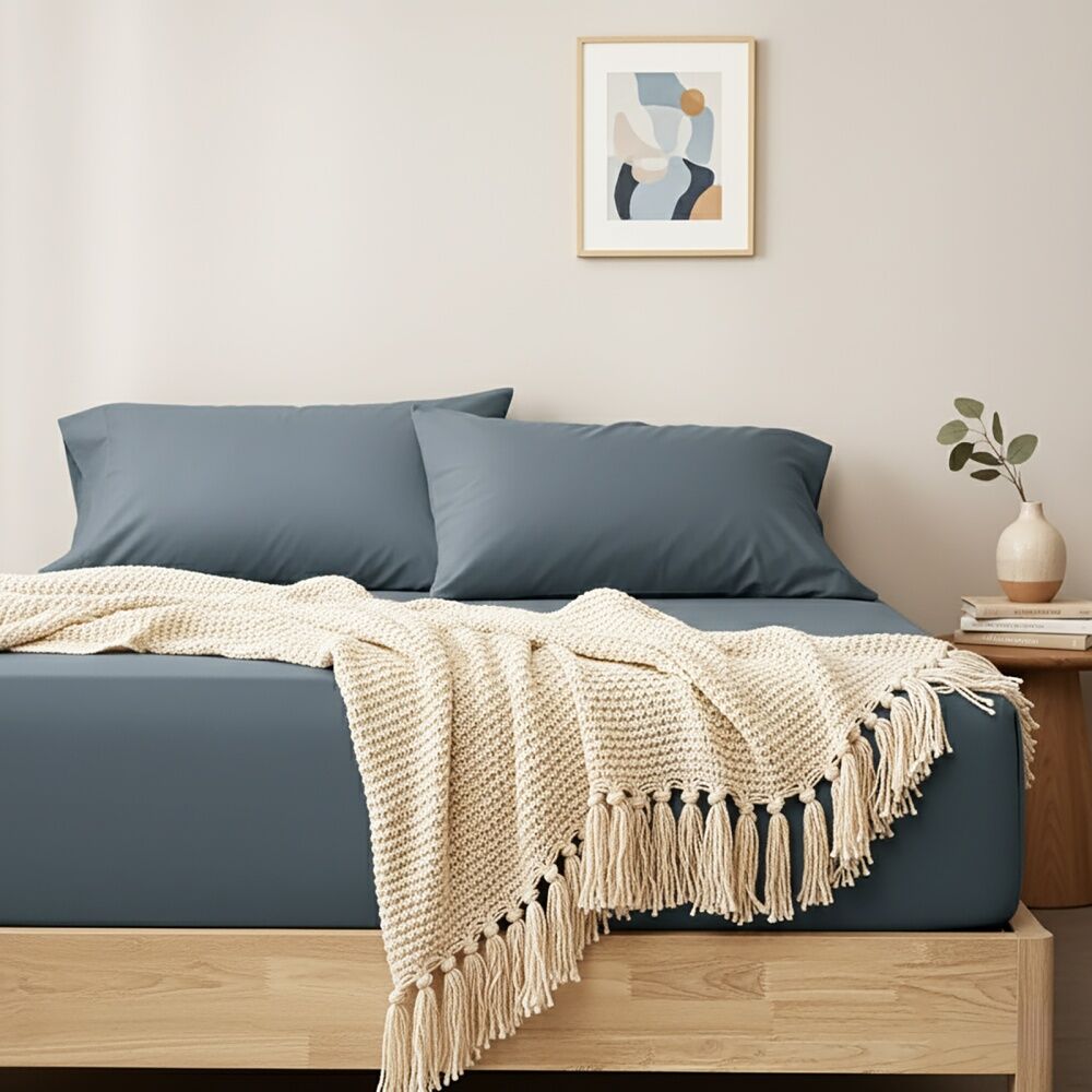 Renee Taylor 400TC Cotton Fitted Sheet & Pillowcase Set Steel Blue King Single