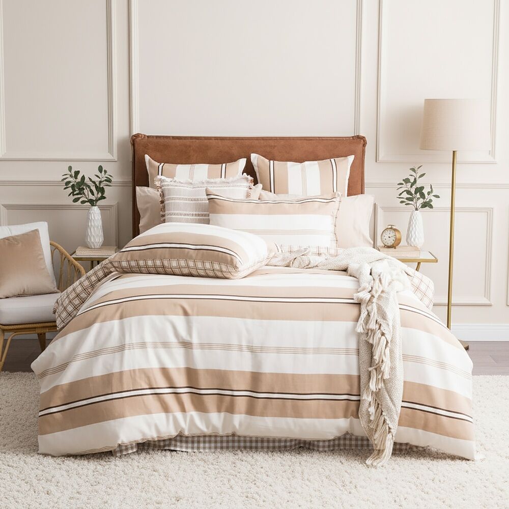 Renee Taylor Textured Cotton Slub Reversible Quilt Cover Set Beige Stephine Stripe King