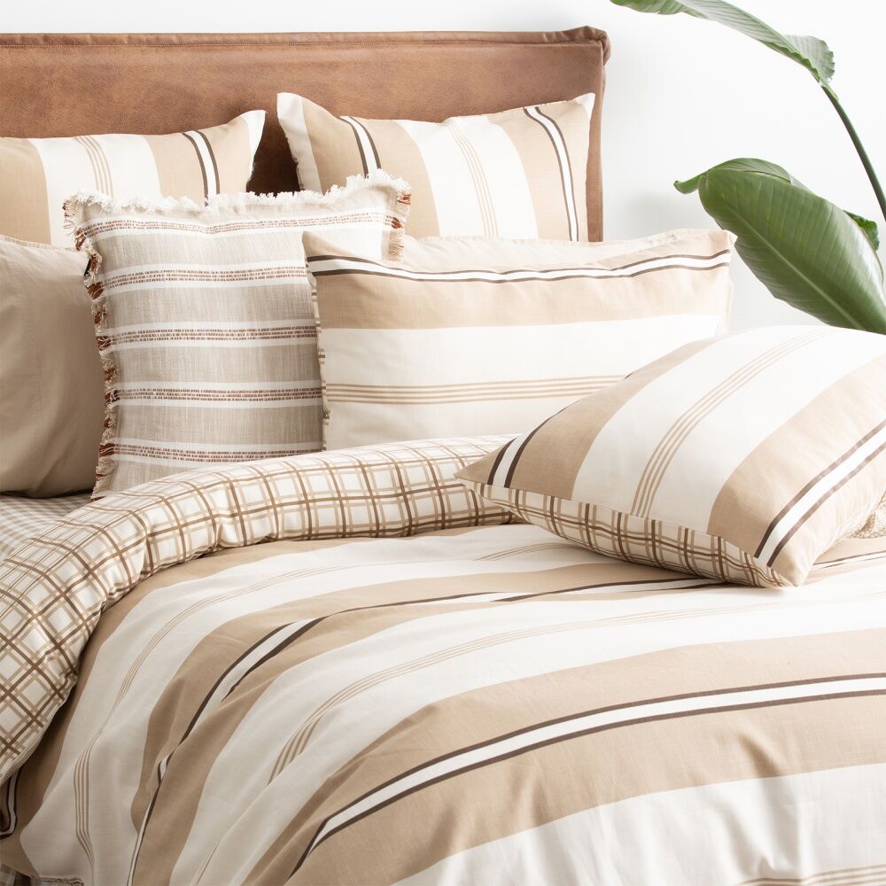 Renee Taylor Textured Cotton Slub Reversible Quilt Cover Set Beige Stephine Stripe King
