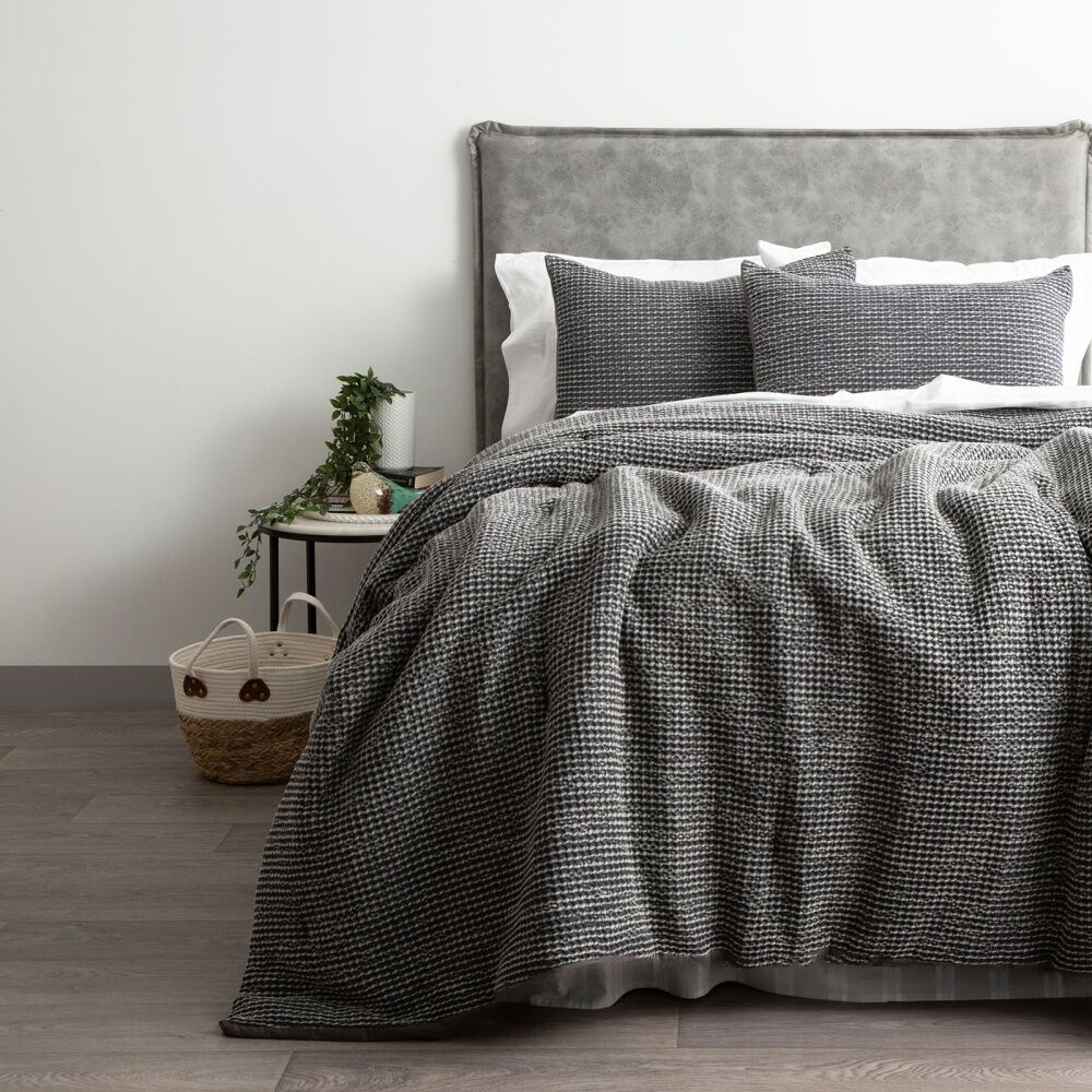 Cloud Linen Boronia Washed Cotton Waffle Comforter Set Charcoal Magnet Double/Queen