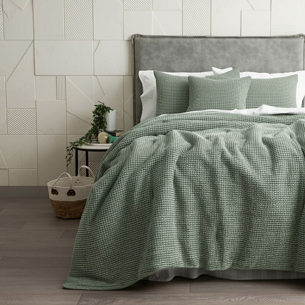 Cloud Linen Boronia Washed Cotton Waffle Comforter Set Moss Double/Queen