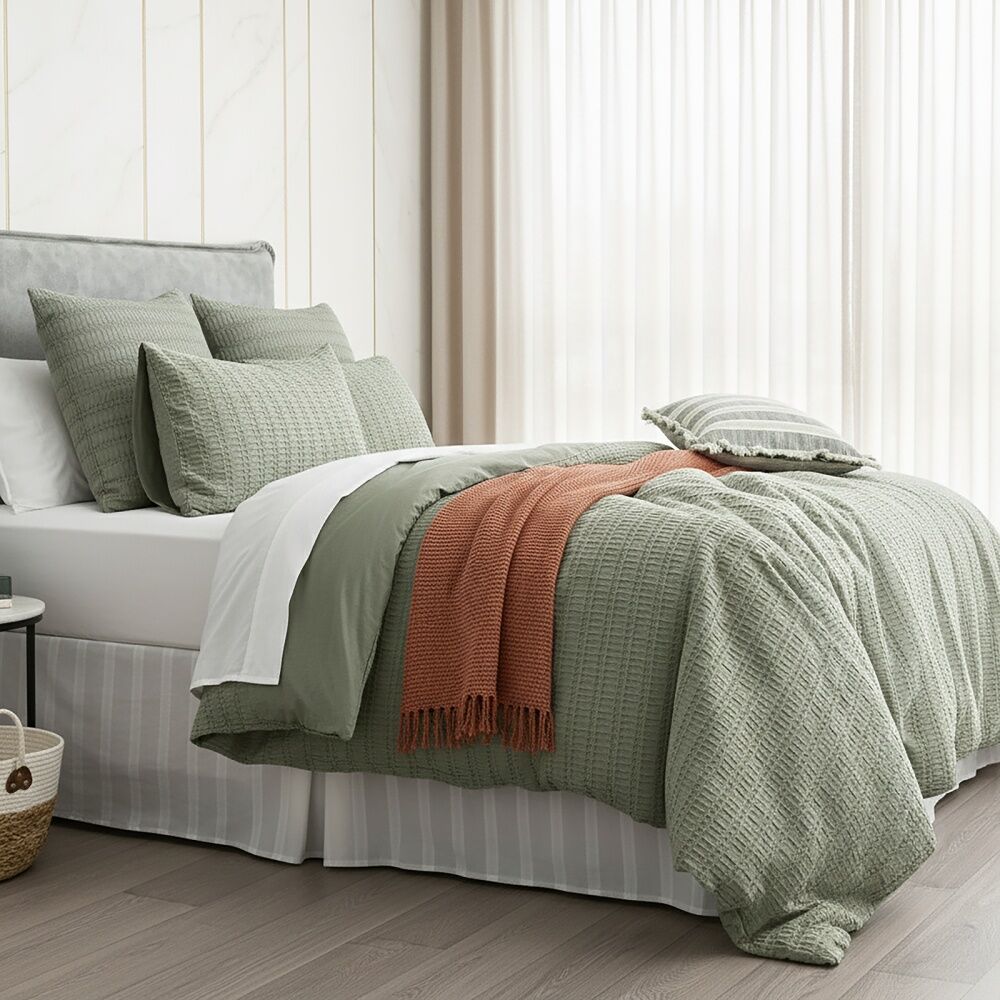 Cloud Linen Celeste Seersucker Cotton Waffle Quilt Cover Set Sage Queen
