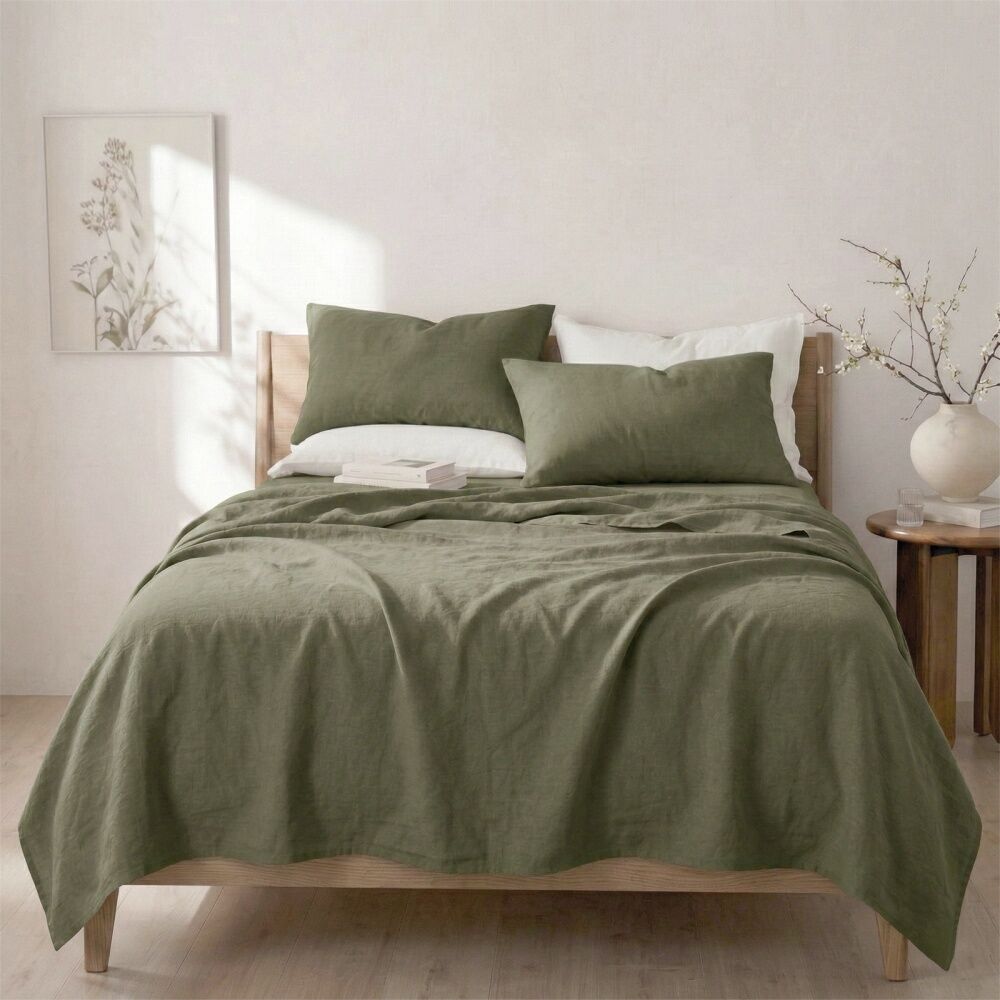 4pc Renee Taylor Washed Linen Cotton Bed Sheet & Pillow Case Set Leaf