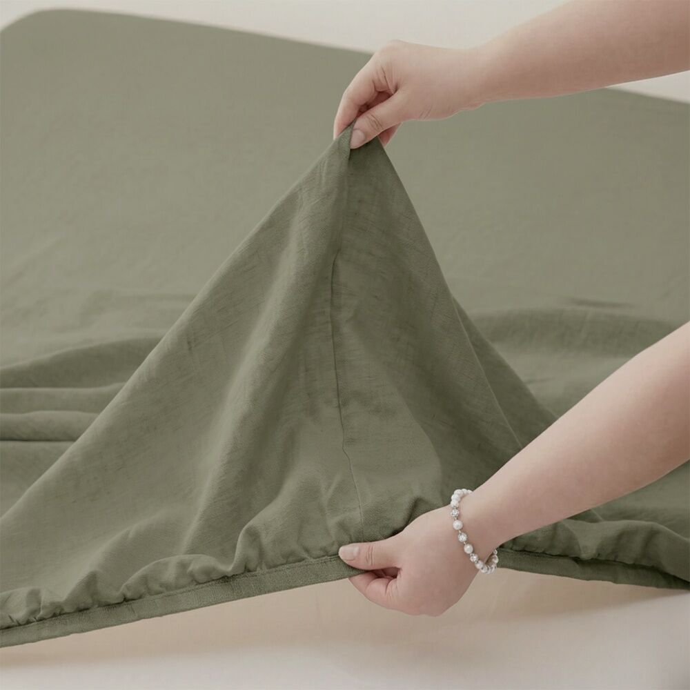 4pc Renee Taylor Washed Linen Cotton Bed Sheet & Pillow Case Set Leaf