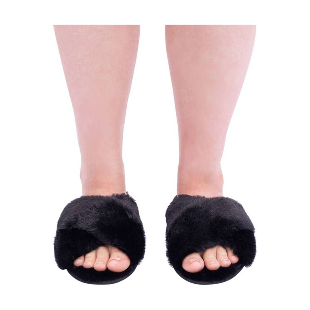 SnuggUps Women's Cross Open Toe Plush Fur Slippers Black Medium EU38-39