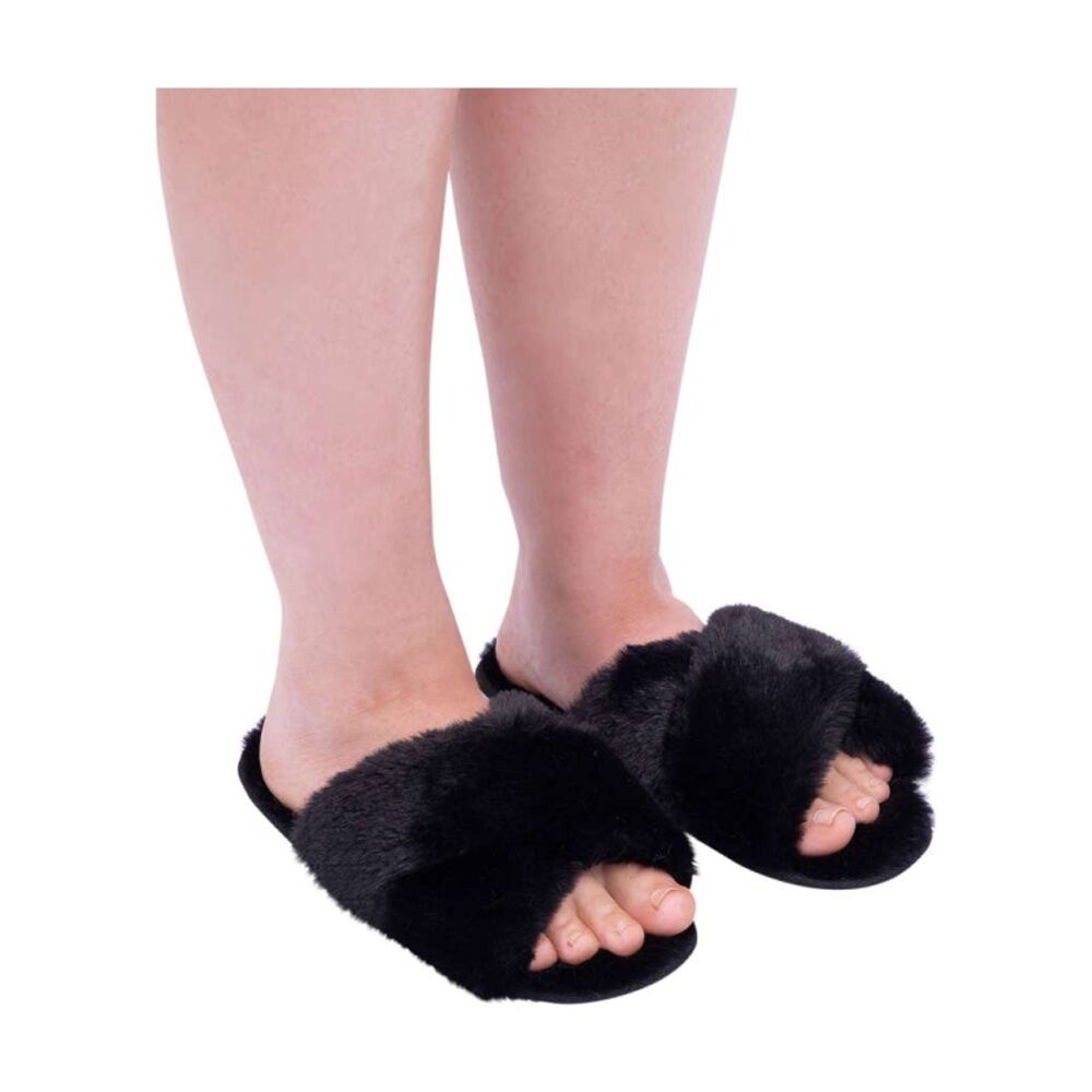 SnuggUps Women's Cross Open Toe Plush Fur Slippers Black Medium EU38-39