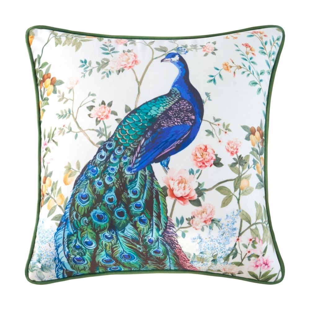 2PK Bianca Priya White/Blue Peacock Floral Square Velvet Decor Cushion 43x43cm