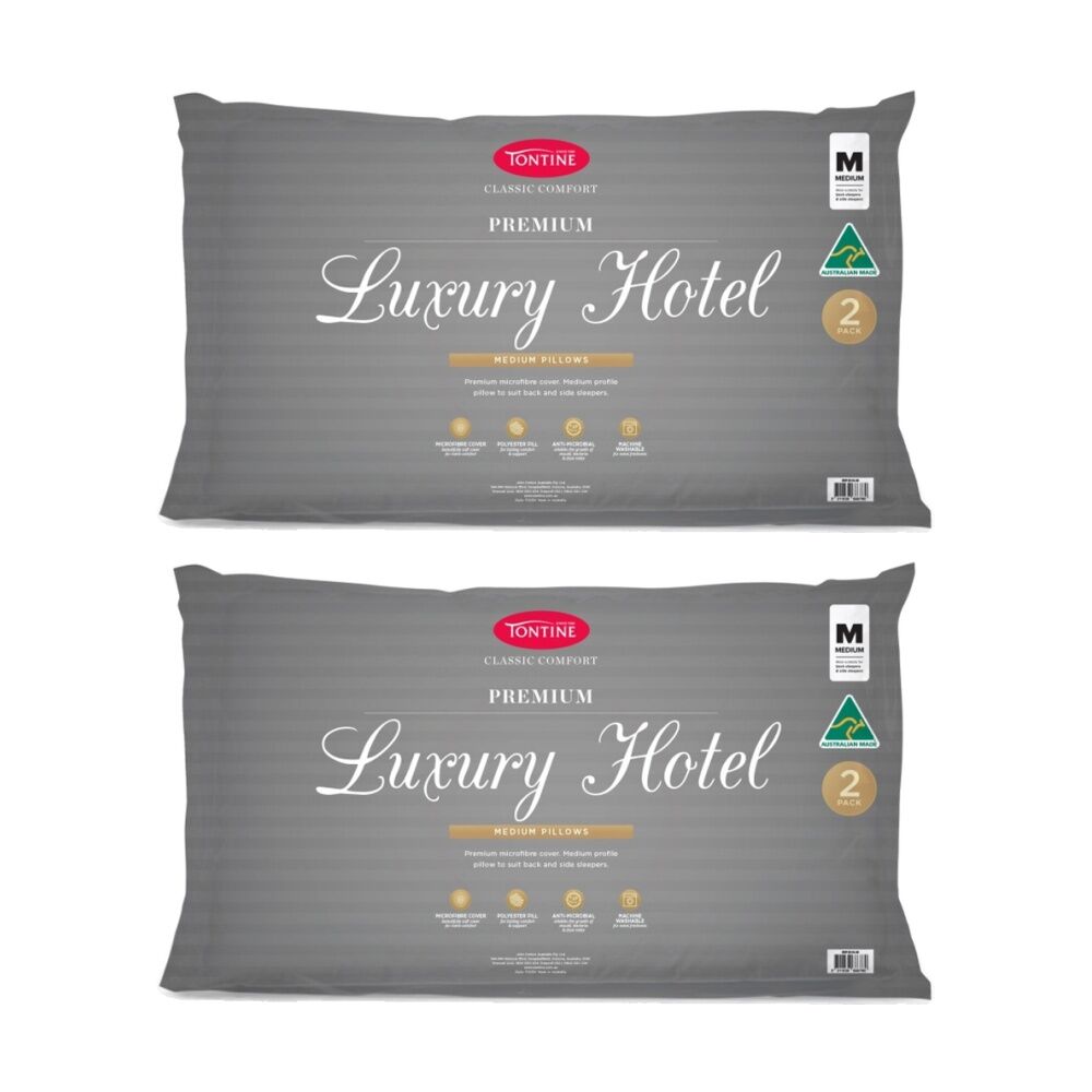 2x 2pc Tontine Luxury Hotel Pillow Medium Profile For Back & Side Sleepers
