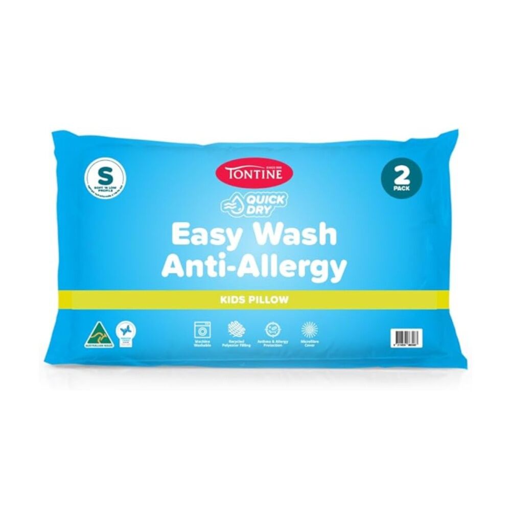 2x 2pc Tontine Quick Dry Easy Wash Anti Allergy Kids Pillows Set Low