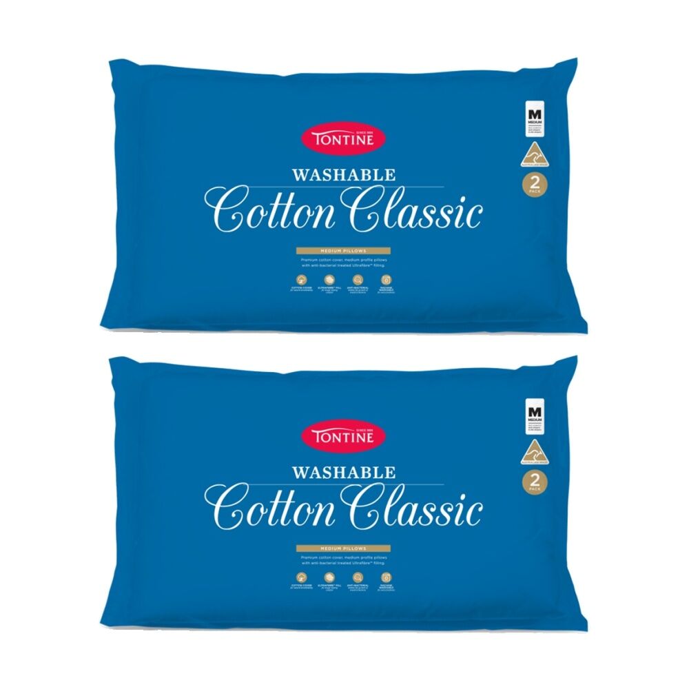 2x 2pc Tontine Washable Cotton Classic Bedding Pillows Set Medium Firm
