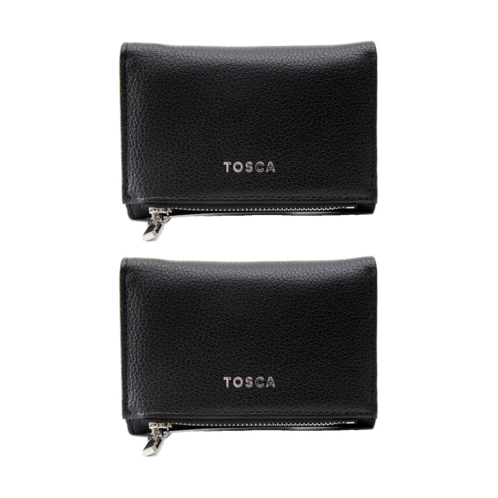 2PK Tosca PU Wallet Textured Silver Zipper Everyday Foldable Purse Black