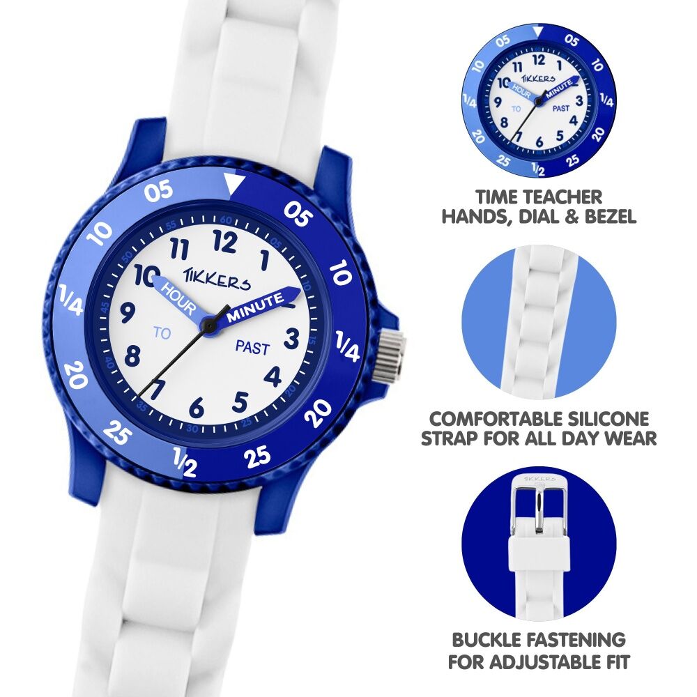 Tikkers Time Teacher Easy Read Dial Silicone Kids Watch White/Blue