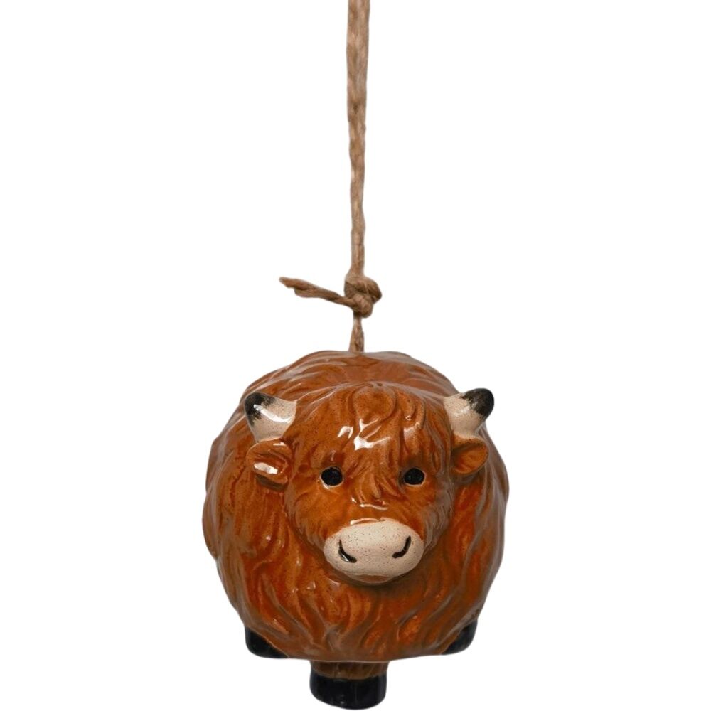 2x Urban Products Highland Cow Bell Brown Ceramic Hanging Ornament 18cm