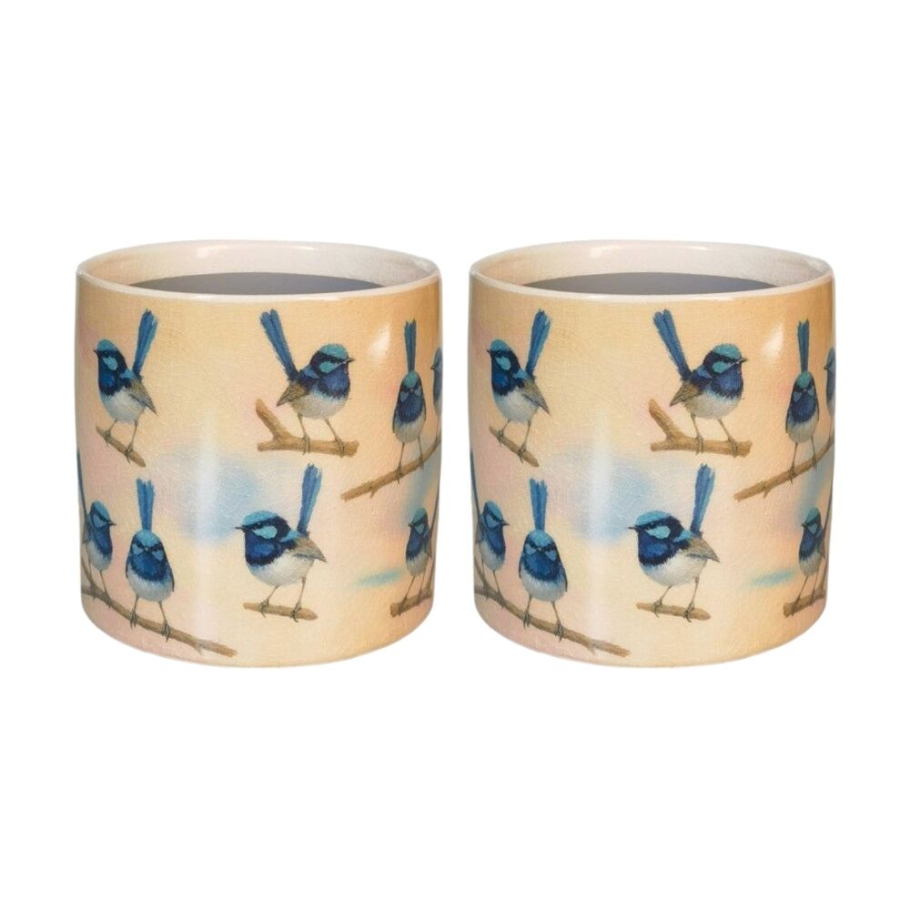 2x Urban Products Blue Wren Planter Blue/Yellow Ceramic Decorative Pot 14cm
