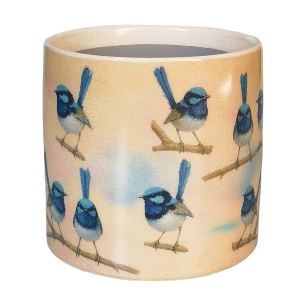 2x Urban Products Blue Wren Planter Blue/Yellow Ceramic Decorative Pot 14cm