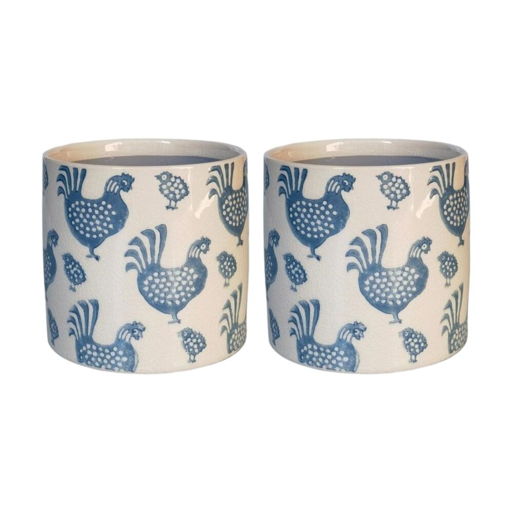 2x Urban Products Dottie Chicken Planter Blue Decorative Ceramic Pot 14cm