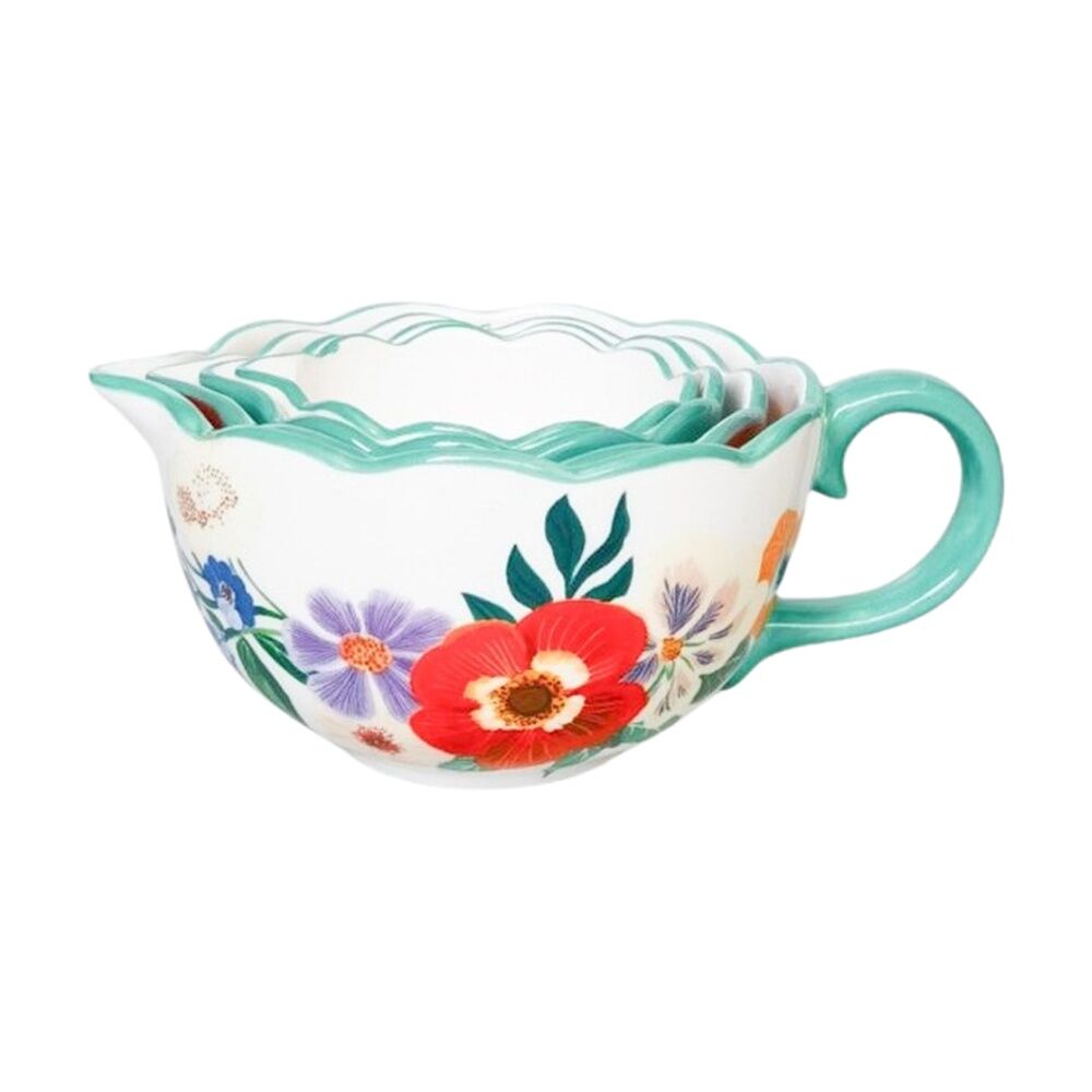 2x 4pc Urban Products Posie Measuring Cups White Ceramic Floral Design 7cm