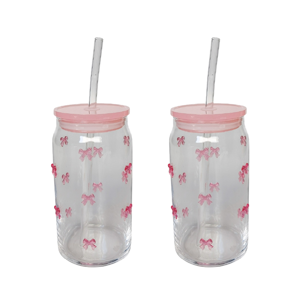 2x Urban Products Kaya Pink Bow Glass Can Drinkware W/ Straw 14cm