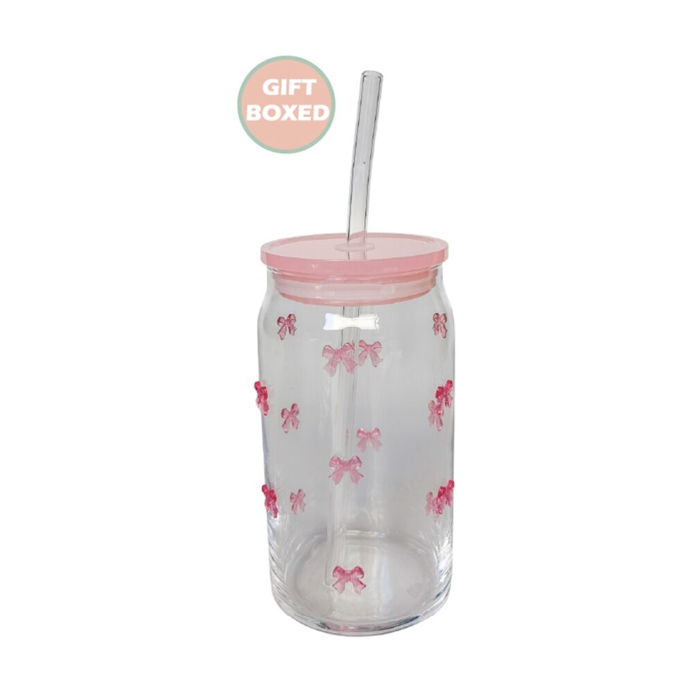 2x Urban Products Kaya Pink Bow Glass Can Drinkware W/ Straw 14cm