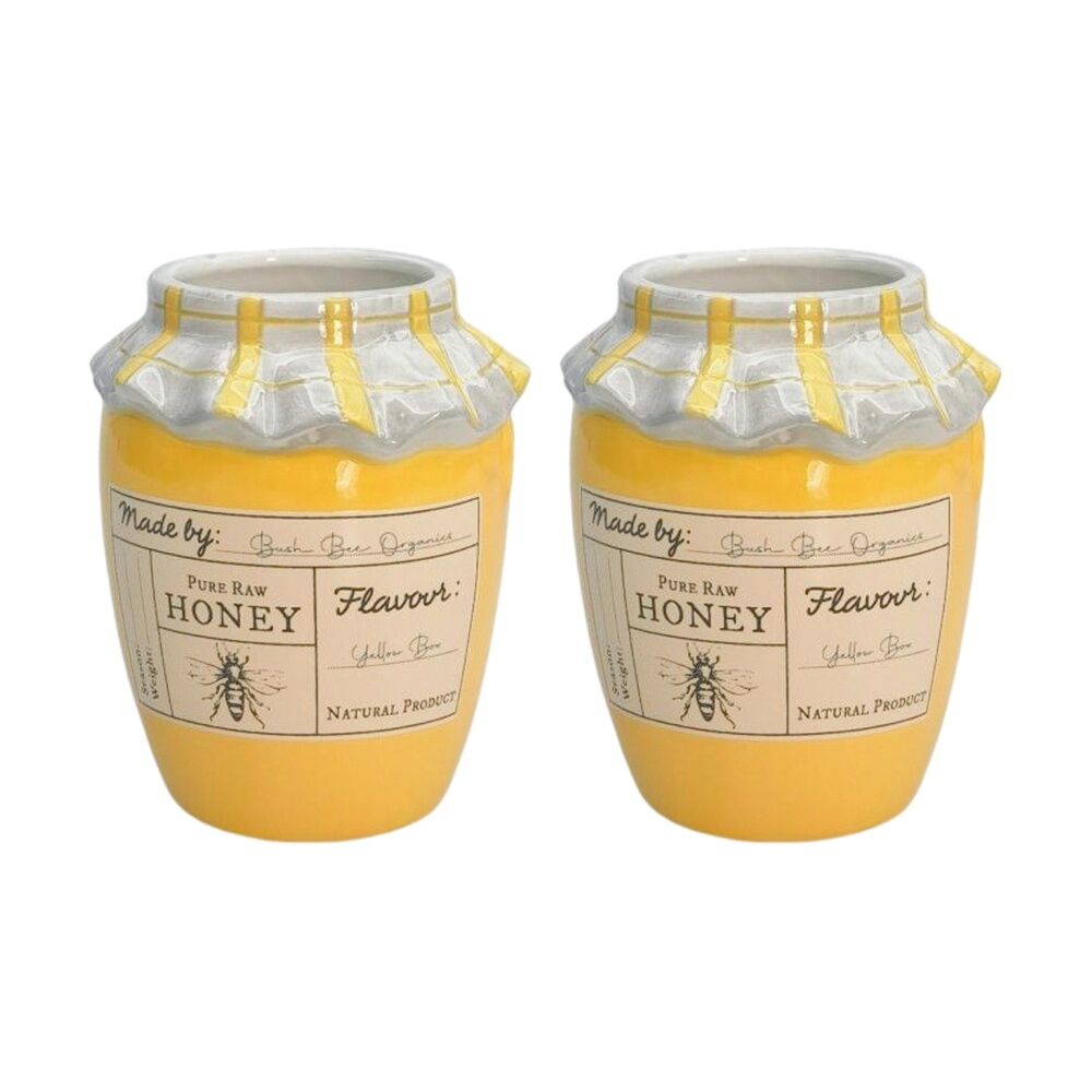 2x Urban Products Honey Pot Vessel Yellow Ceramic Decorative Jar 11cm
