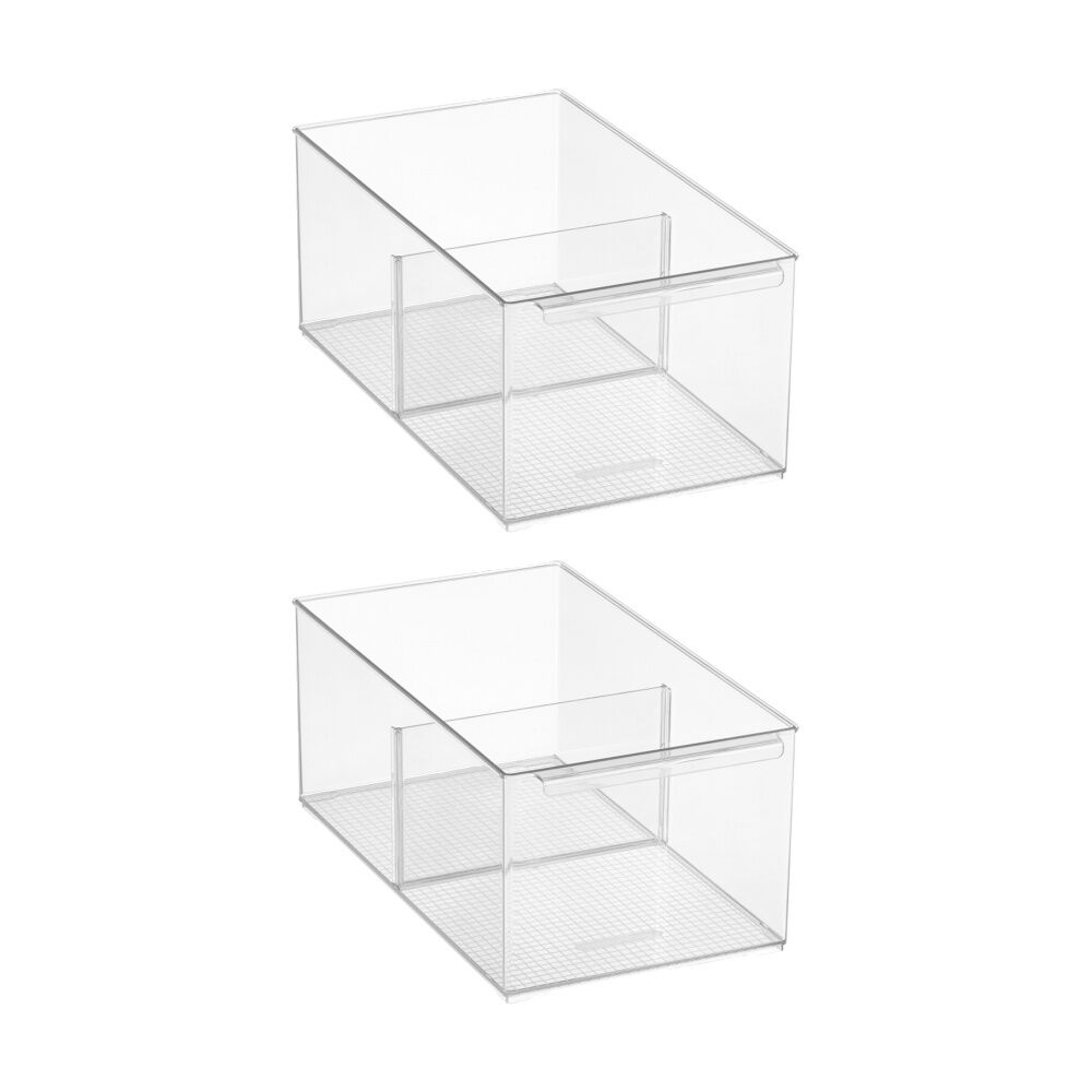 2PK The Container Store Pantry Bin Large W/ Divider Plastic Organiser Clear