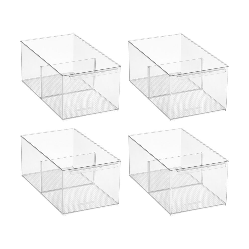 4PK The Container Store Pantry Bin Large W/ Divider Plastic Organiser Clear