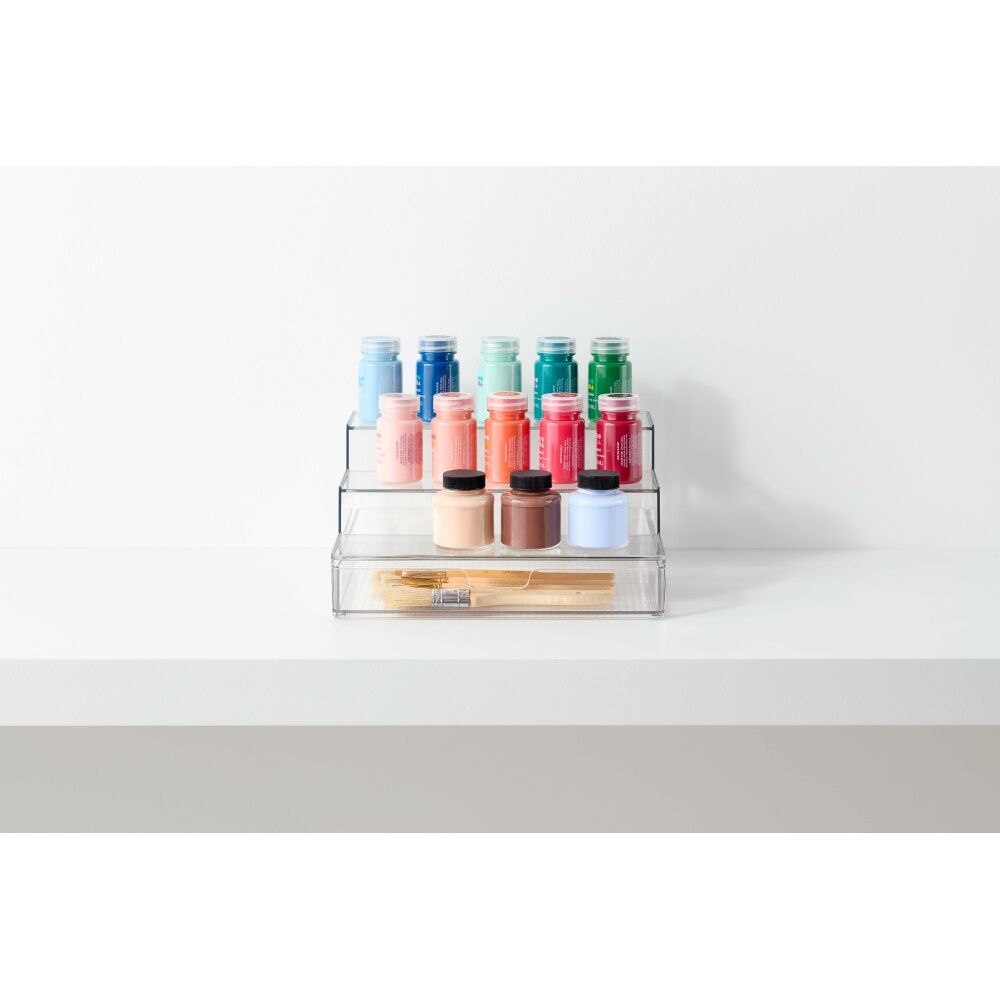 4PK The Container Store Three Tier Organiser W/ Drawer Plastic Storage Clear