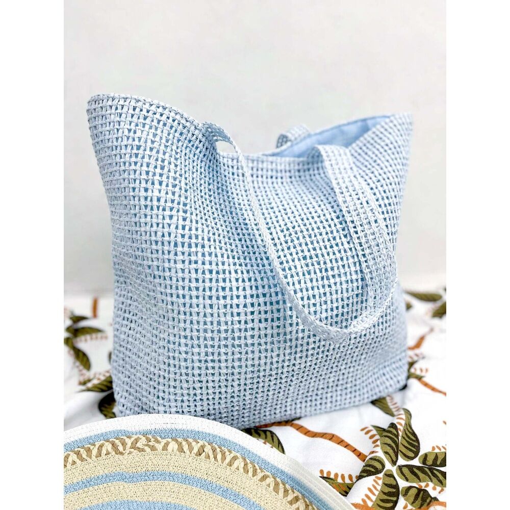 2pc LVD Sky Blue Woven Beach Bag Set W/ Matching Purse 50x15x38cm
