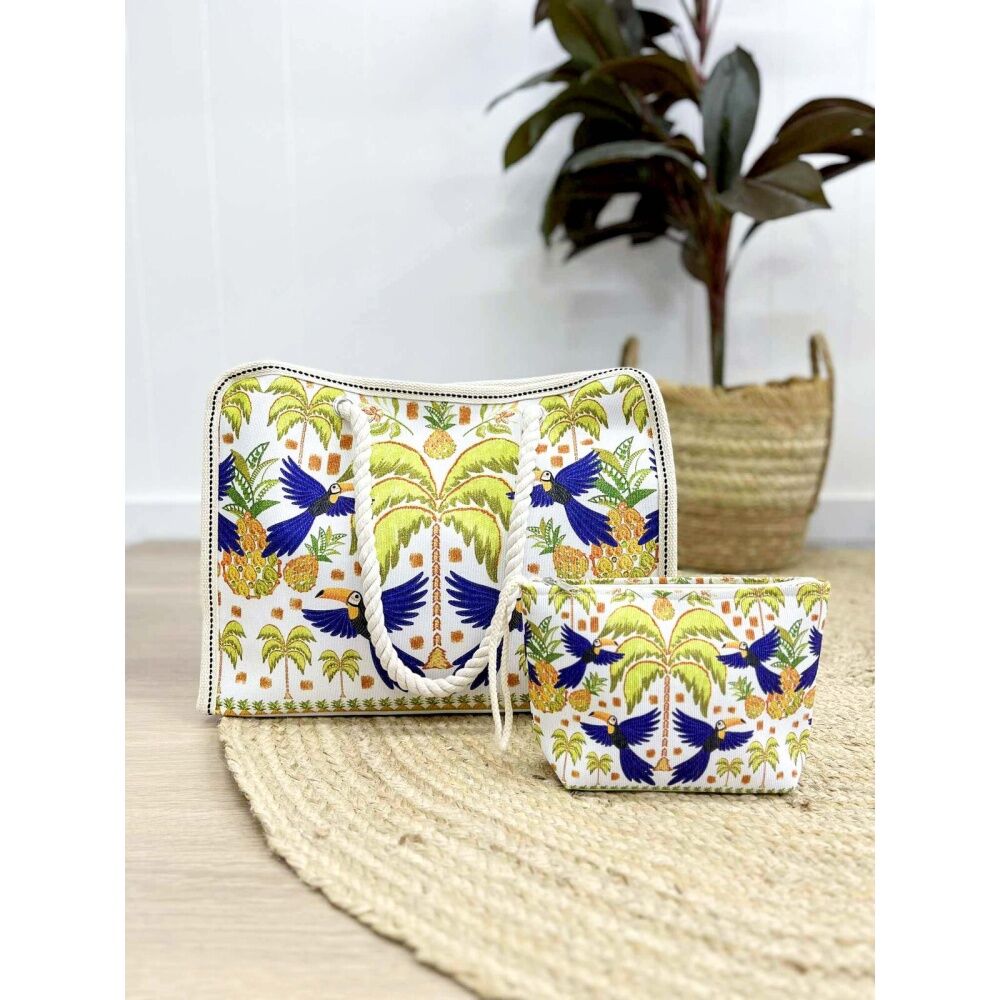 LVD Palm Tree/Blue Birds Toucans Print Tote Bag W/ Rope Handles 42x17x32cm