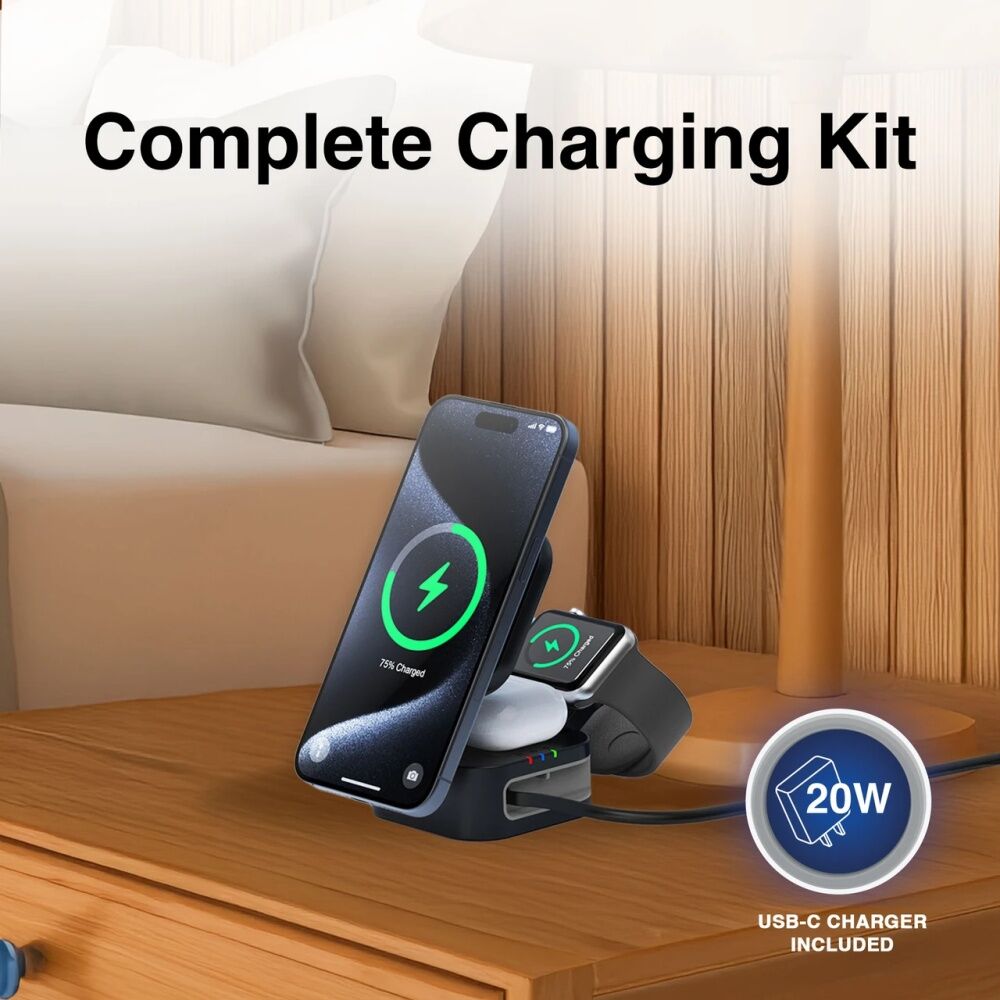 Laser 3 In 1 Wireless Foldable Retractable USB-C Charging Stand Black
