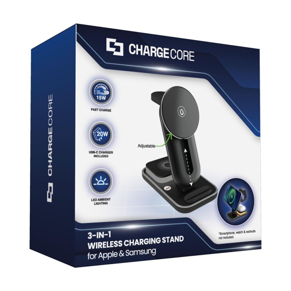 Chargecore 3 In 1 Wireless Charging Stand Adjustable Height Black