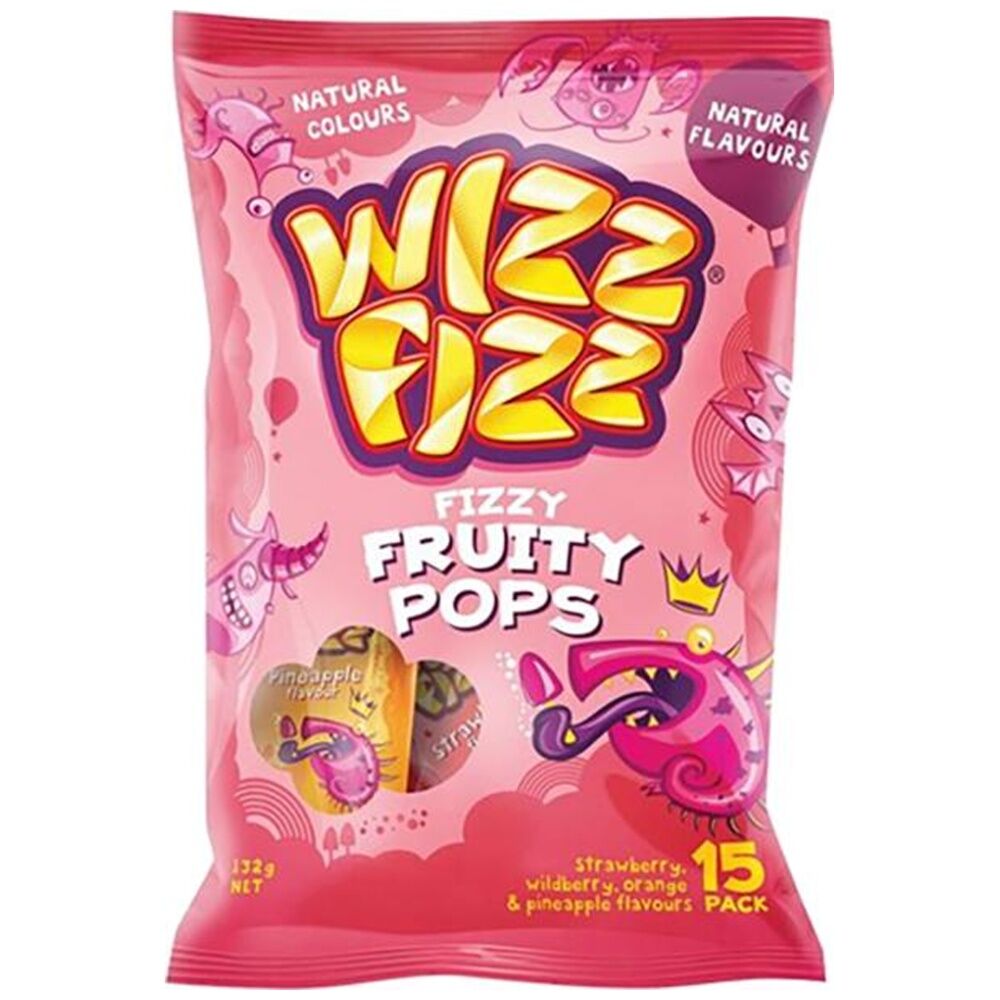 24x 15pc Wizz Fizz Fizzy Fruity Lollipops Berry Orange & Pineapple 132g