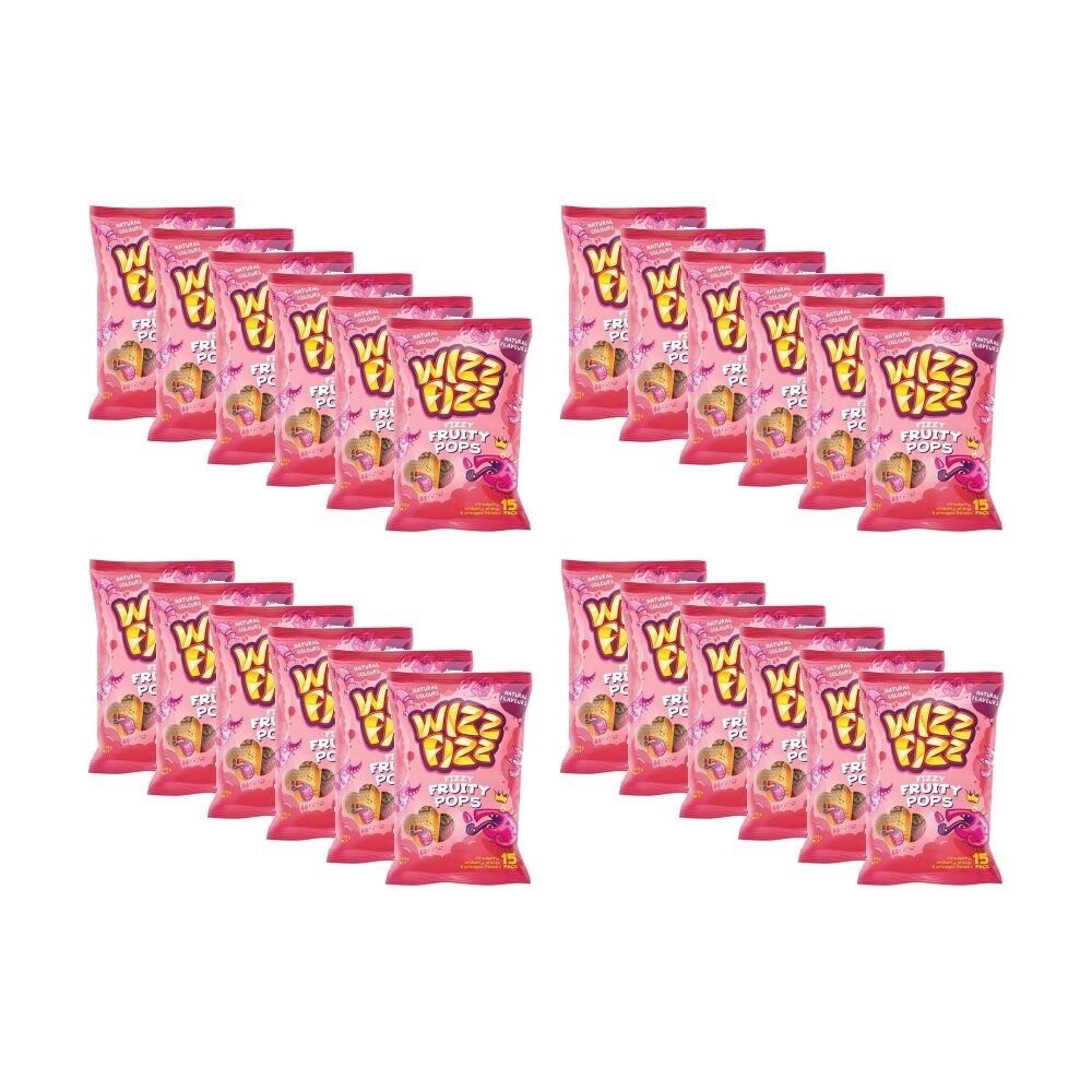 24x 15pc Wizz Fizz Fizzy Fruity Lollipops Berry Orange & Pineapple 132g