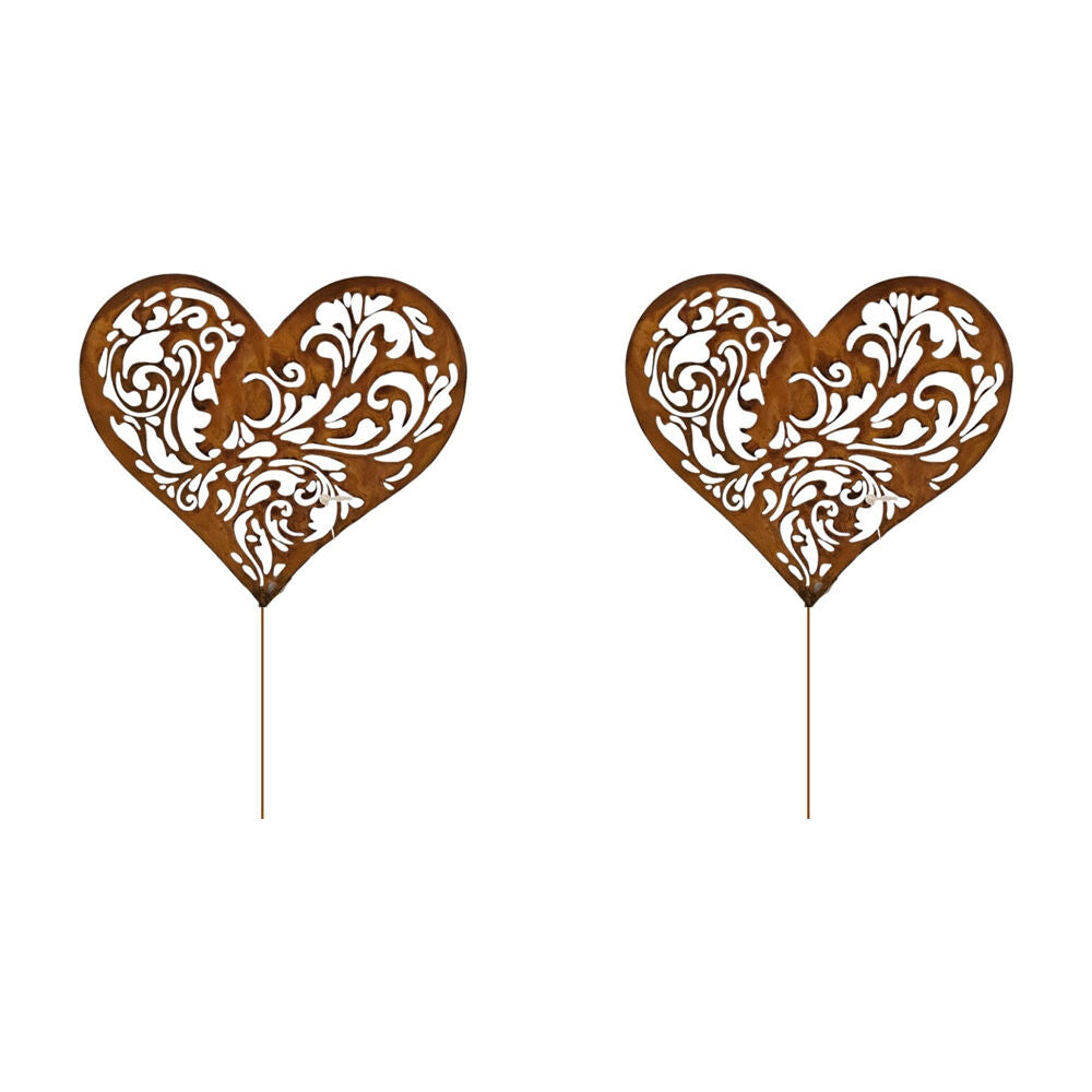 2PK Bronrob Love Heart W/ Floral Cut Outs Outdoor Garden Stake Large 45x18cm