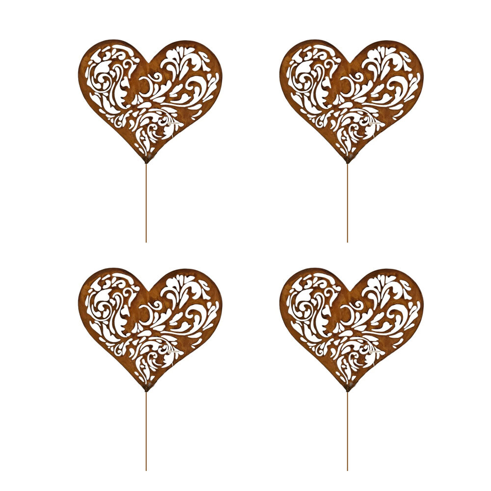 4PK Bronrob Love Heart W/ Floral Cut Outs Outdoor Garden Stake Large 45x18cm