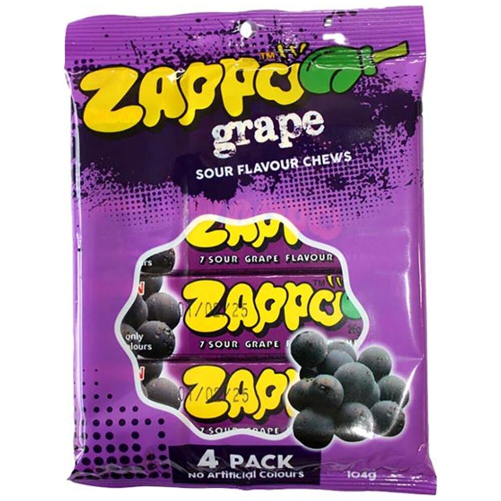 18x 4pc Zappo Grape Fruit Flavour Chewy Sour Lollies/Gummies