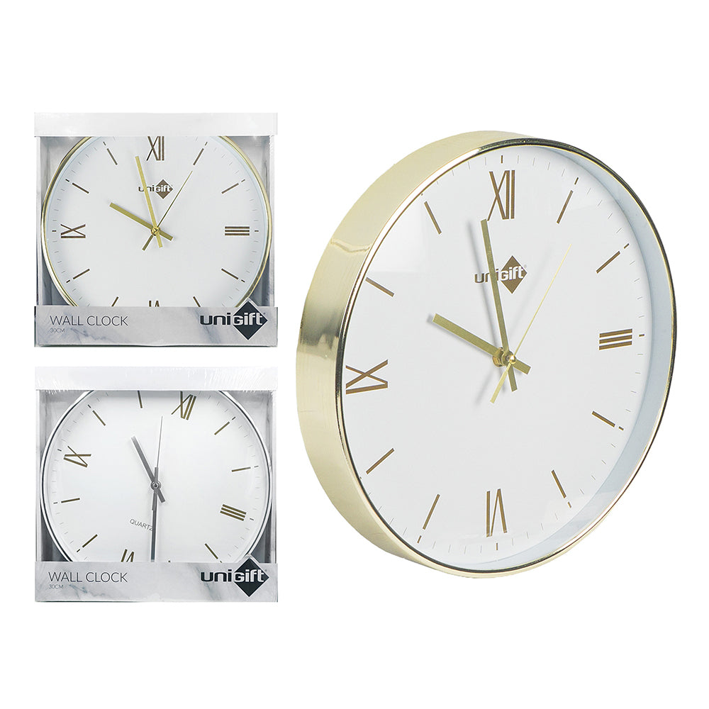 Unigift Classic Plated Round 30cm Wall Clock Analogue - Assorted