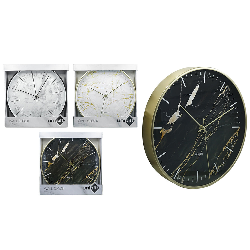Unigift Marble Round 30cm Wall Clock Analogue - Assorted
