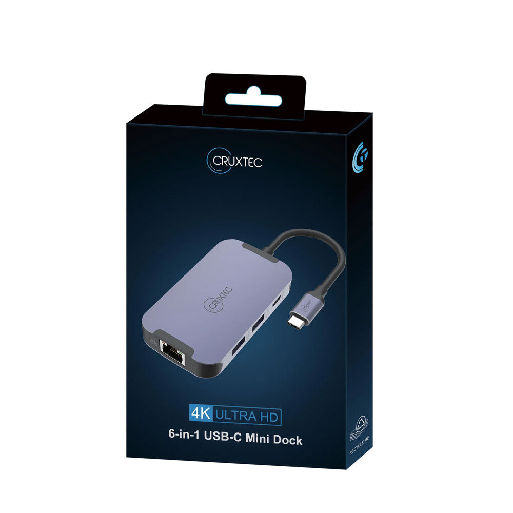 Cruxtec Universal 6-in-1 USB-C Compact Mini Dock - Grey