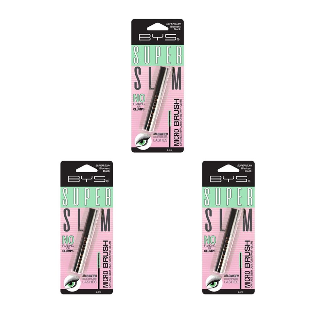 3PK BYS Super Slim Mascara Eyelash Makeup Blackest Black 2.5ml
