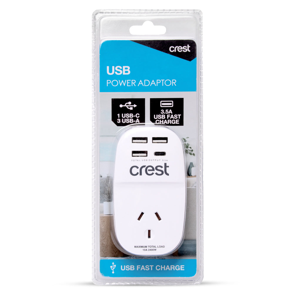 Crest 1-Socket Power Adaptor w/ 3x USB-A/1x USB-C Port - White