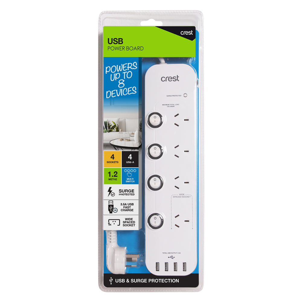 Crest 4-Socket 1.2m Power Board Surge Protected w/ 4x USB Ports - White